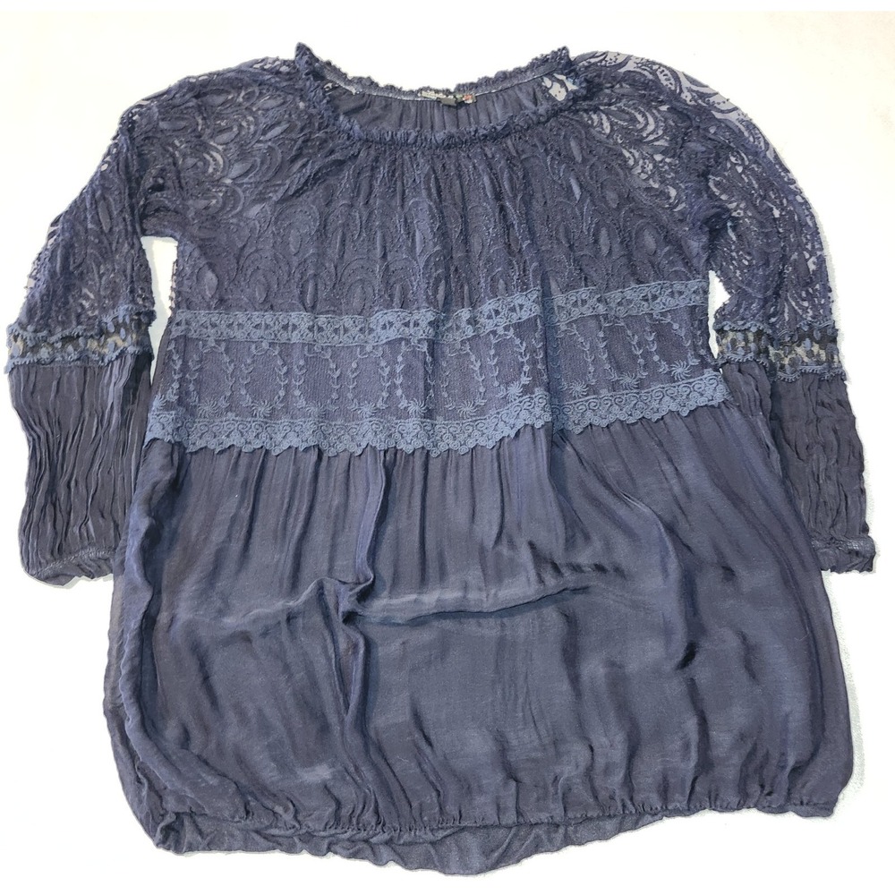 Charme B Italy Women's L Navy Blue Lace Blouse Boho Lagenlook Sheer Tunic Top